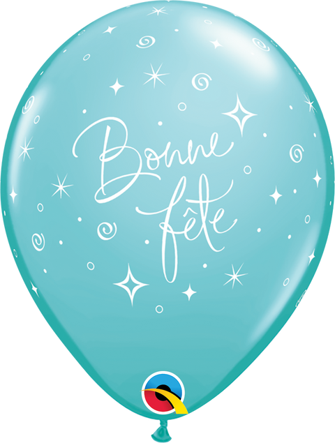 12" Caribbean Blue Latex Balloon Bonne Fête - Elegant Sparkles & Swirls, Helium Inflated from Balloon Expert