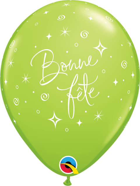 12" Green Latex Balloon Bonne Fête - Elegant Sparkles & Swirls, Helium Inflated from Balloon Expert