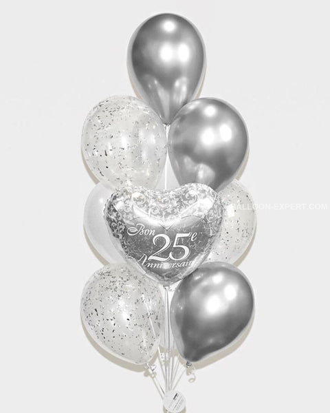 Silver and White - 25th Anniversary Confetti Balloon Bouquet - set of 10