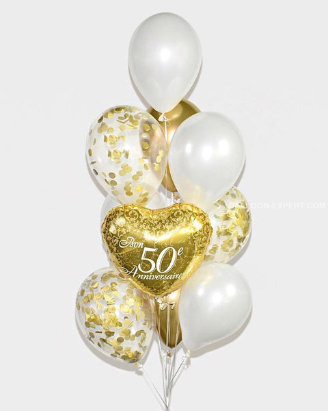 Gold and White - 50th Anniversary Confetti Balloon Bouquet - Set of 10 balloons