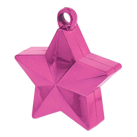 pink star shaped balloon weight with a metallic finish