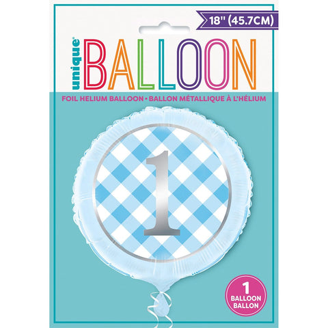 Buy Balloons Blue Gingham 1st Birthday Mylar Balloon 18 Inches sold at Balloon Expert