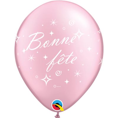 12" Pink Latex Balloon Bonne Fête - Tourbillons pétillants, Helium Inflated from Balloon Expert