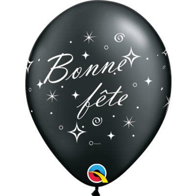 12" Black Latex Balloon Bonne Fête - Tourbillons pétillants, Helium Inflated from Balloon Expert
