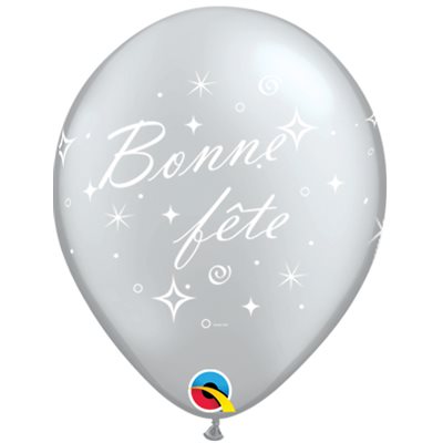12" Grey Latex Balloon Bonne Fête - Tourbillons pétillants, Helium Inflated from Balloon Expert