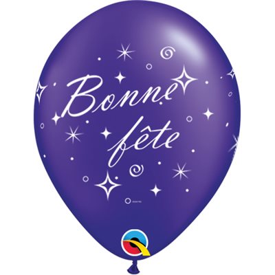 12" Purple Latex Balloon Bonne Fête - Tourbillons pétillants, Helium Inflated from Balloon Expert