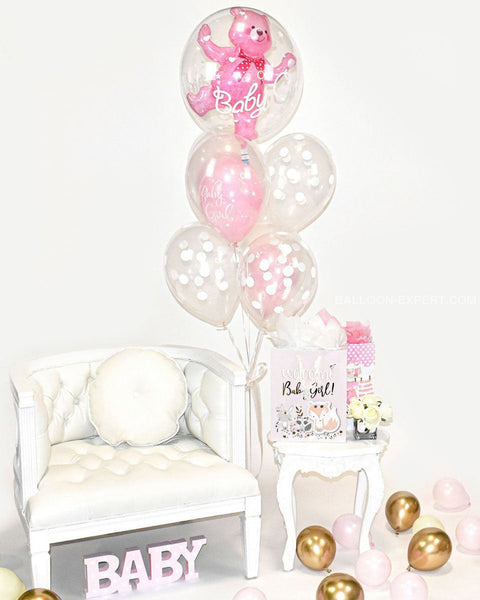 Baby Girl Bear Balloon Bouquet - Pink Clear