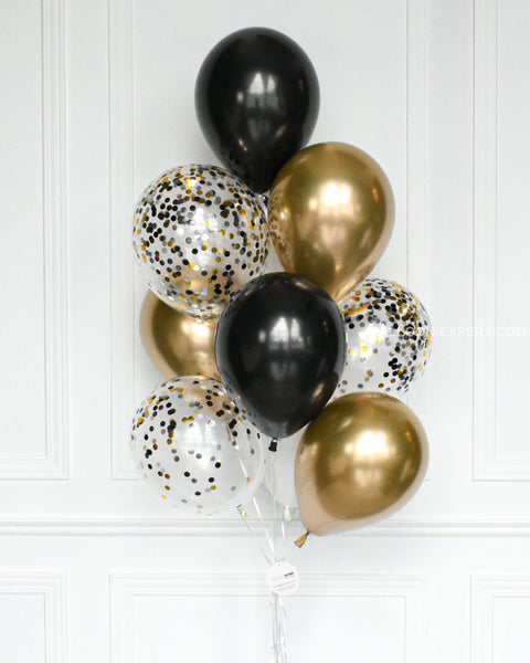 Black, White and Gold Confetti Balloon Bouquet Closeup Image
