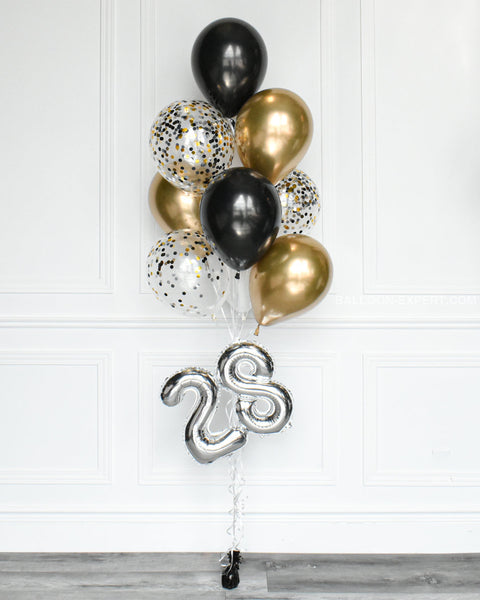 Black, White, and Gold - Confetti Balloon Bouquet with 16" NumberBlack, Gold, and White - Confetti Balloon Bouquet with 16" Number