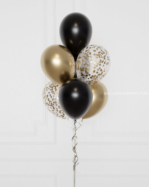 Black and Gold Confetti Balloon Bouquet, 7 Balloons from Balloon Expert, close-up image, sold by Balloon Expert