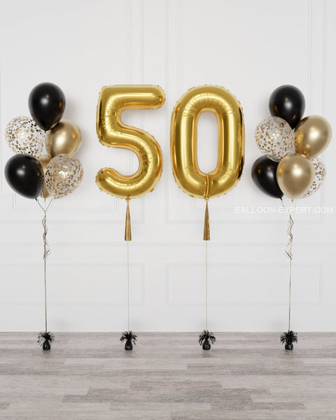 Black And Gold - Double Number Balloons Confetti Balloon Bouquets Set