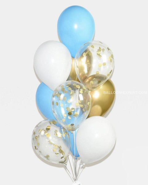 Blue, White, and Gold - Confetti Balloon Bouquet - Set of 10 balloons