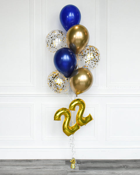 Blue and Gold - Confetti Balloon Bouquet with 16" Number