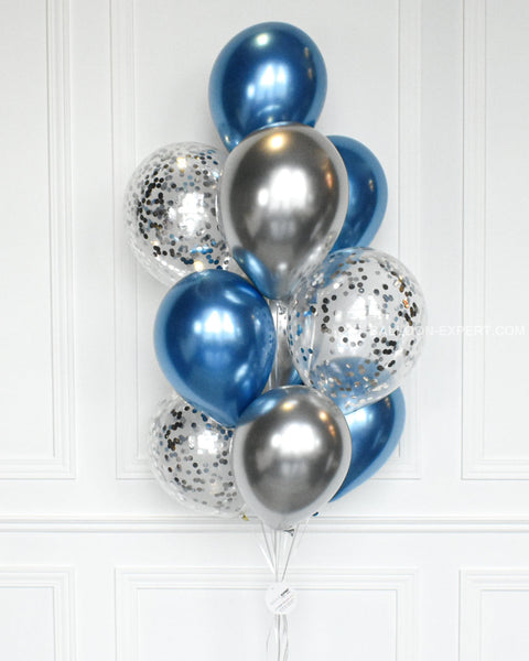 Blue and Silver - Confetti Balloon Bouquet - set of 10 balloons