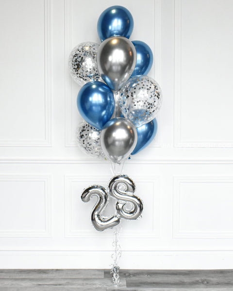 Blue And Silver - Confetti Balloon Bouquet With 16 Number