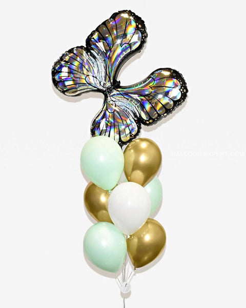 Mint, Gold, and White - Silver Butterfly Balloon Bouquet - Set of 10