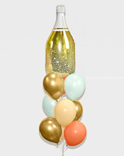 Champagne Bottle Balloon Bouquet - Mint Coral Blush Nude Chrome Gold