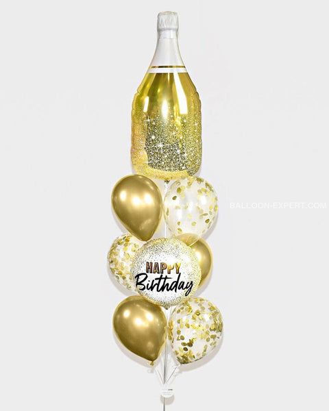 Champagne Bottle Birthday Confetti Balloon Bouquet - Chrome Gold White