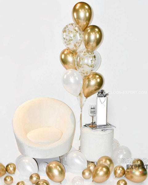 Chrome Gold White And Confetti Balloon Bouquet