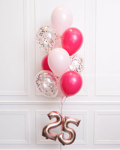 Confetti Balloon Bouquet With 16 Number - Fuchsia Pastel Pink