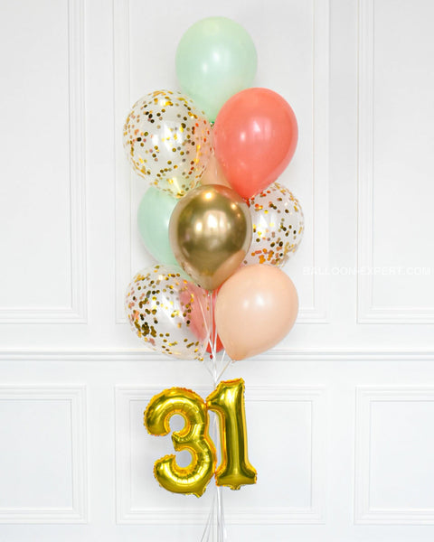 Mint Coral Blush And Gold - Confetti Balloon Bouquet With 16 Number