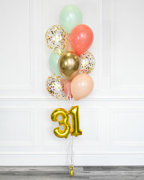 Mint Coral Blush And Gold - Confetti Balloon Bouquet With 16 Number