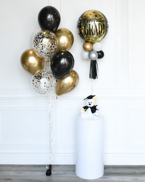 Confetti Balloon Bouquet And Congrats Grad! Centerpiece - Black Gold White Graduation