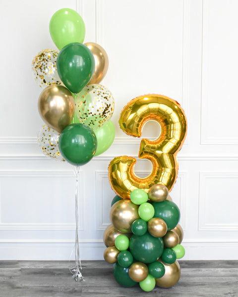 Green and Gold - Confetti Balloon Bouquet and Number Balloon Column 