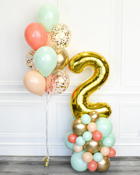 Mint, Coral, Blush, and Gold - Confetti Balloon Bouquet and Number Balloon Column 