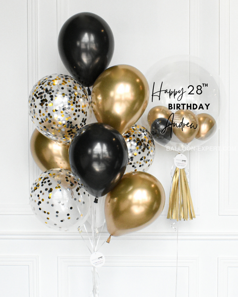Black, Gold, and White - Confetti Balloon Bouquet and Personalized Bubble Balloon