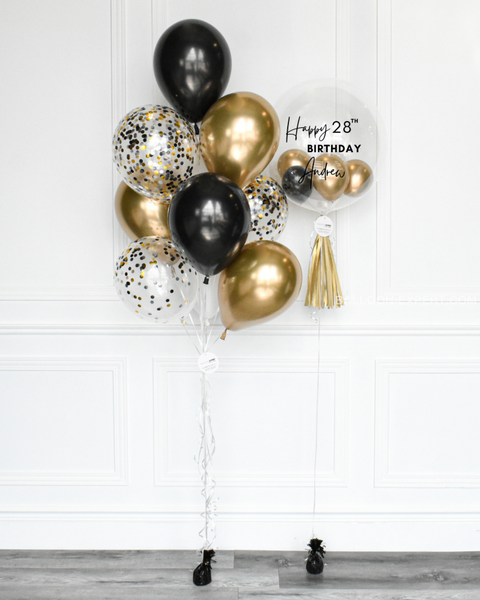 Black, Gold, and White - Confetti Balloon Bouquet and Personalized Bubble Balloon, second image