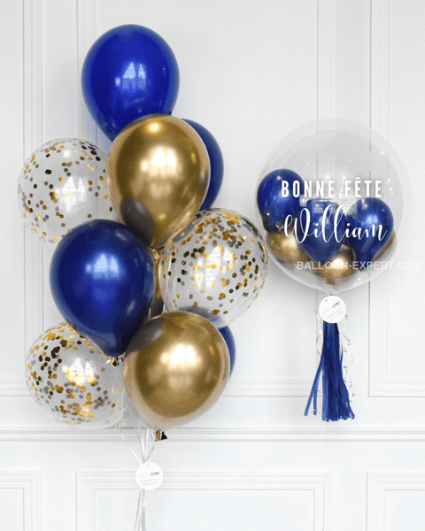 Blue and Gold - Confetti Balloon Bouquet and Personalized Bubble Balloon