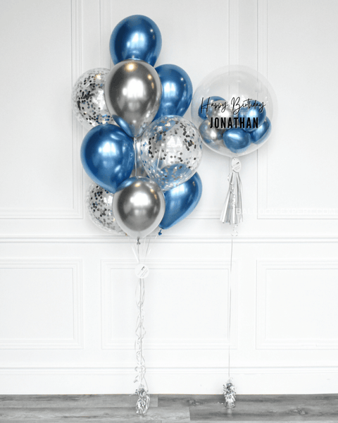 Blue and Silver - Confetti Balloon Bouquet and Personalized Bubble Balloon, Balloon Expert