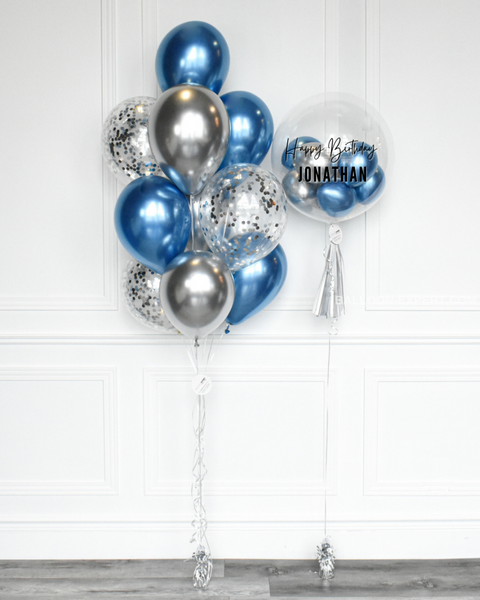 Blue and Silver - Confetti Balloon Bouquet and Personalized Bubble Balloon, Balloon Expert