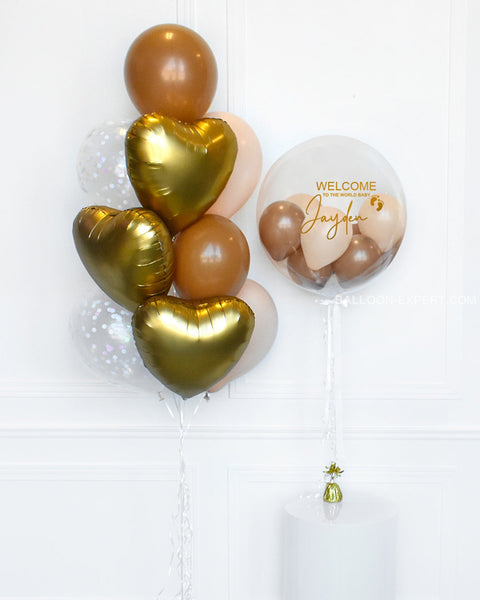 Brown and Blush - Confetti Balloon Bouquet and Personalized Bubble Balloon , helium inflated from Balloon Expert