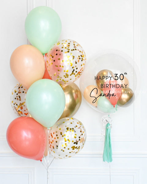 Mint, Coral, Blush, and Gold - Confetti Balloon Bouquet and Personalized Bubble Balloon