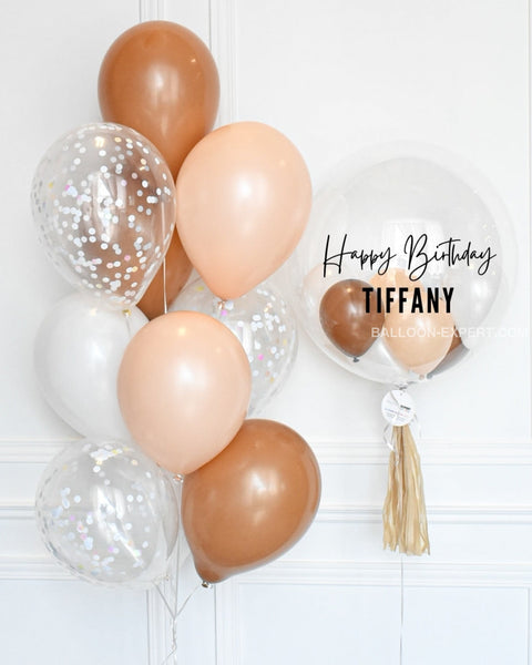 Brown, White, and Blush - Confetti Balloon Bouquet and Personalized Bubble Balloon, Helium Inflated from Balloon Expert