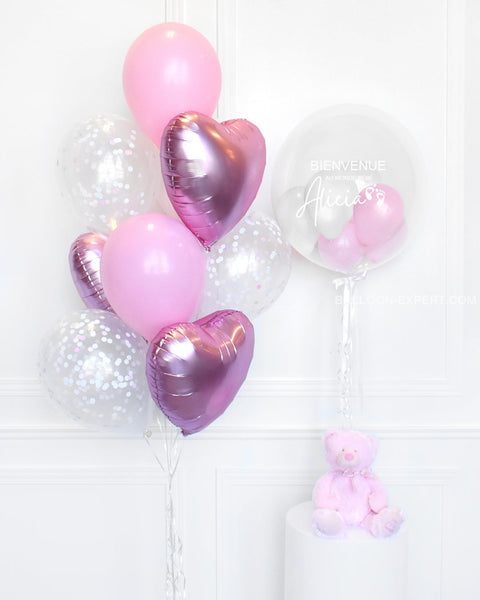 Pink and White - Confetti Balloon Bouquet and Personalized Bubble Balloon, helium inflated from balloon expert