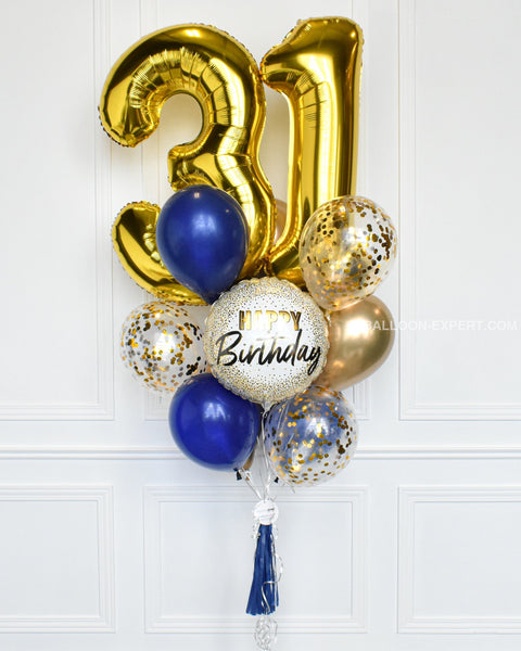 Blue and Gold - Custom Age Birthday Confetti Balloon Bouquet - Set of 13 balloons