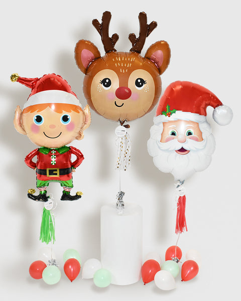 Trio de ballons supershape - Renne de Noël, Père Noël et Lutin de Noël