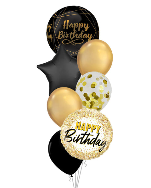 Glitz & Glam - Happy Birthday Foil Mixed Balloon Bouquet Black and Gold