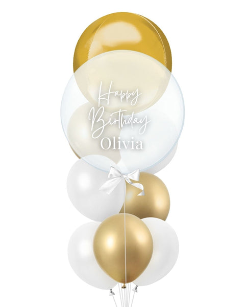 Gold and White Personalized Orbz Bubble Balloon Bouquet closeup product image