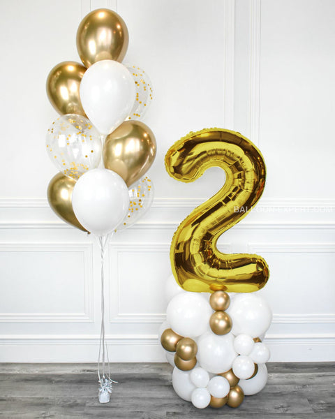 Gold and White - Confetti Balloon Bouquet and Number Balloon Column full length product image