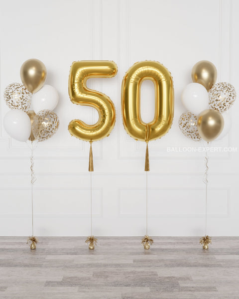 Gold and White Double Number Balloons and Confetti Balloon Bouquets Set from Balloon expert