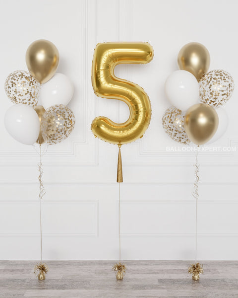 Gold and White Number Balloon and Confetti Balloon Bouquets Set from Balloon Expert