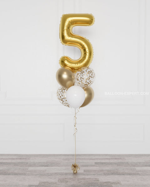 Gold and White - Number Confetti Balloon Bouquet, 7 Balloons from Balloon Expert