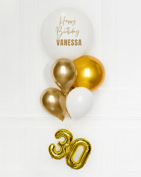 Gold and White - Personalized Jumbo Balloon Bouquet with 16" Number close up product image
