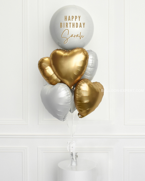Gold and White - Personalized Orbz and Heart Balloon Bouquet, helium inflated
