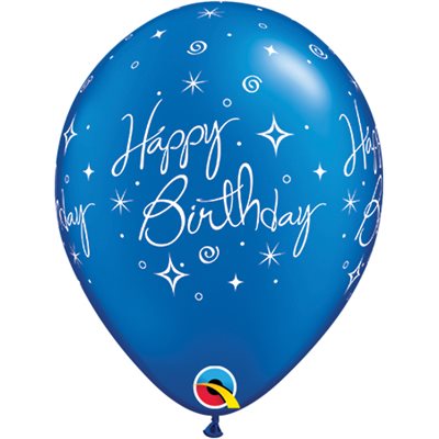 12" Blue Latex Balloon Happy Birthday - Elegant Sparkles & Swirls, Helium Inflated from Balloon Expert