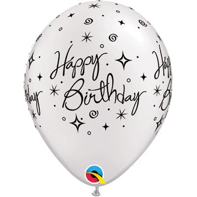 12" Grey Latex Balloon Happy Birthday - Elegant Sparkles & Swirls, Helium Inflated from Balloon Expert